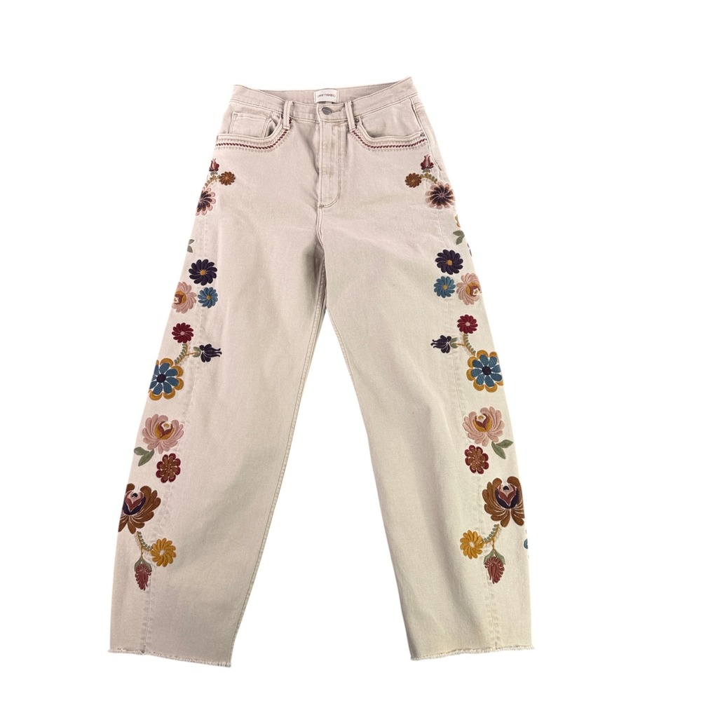 Driftwood Parker Jeans Women 25 Beige Floral Embroidered Wide Leg High Rise